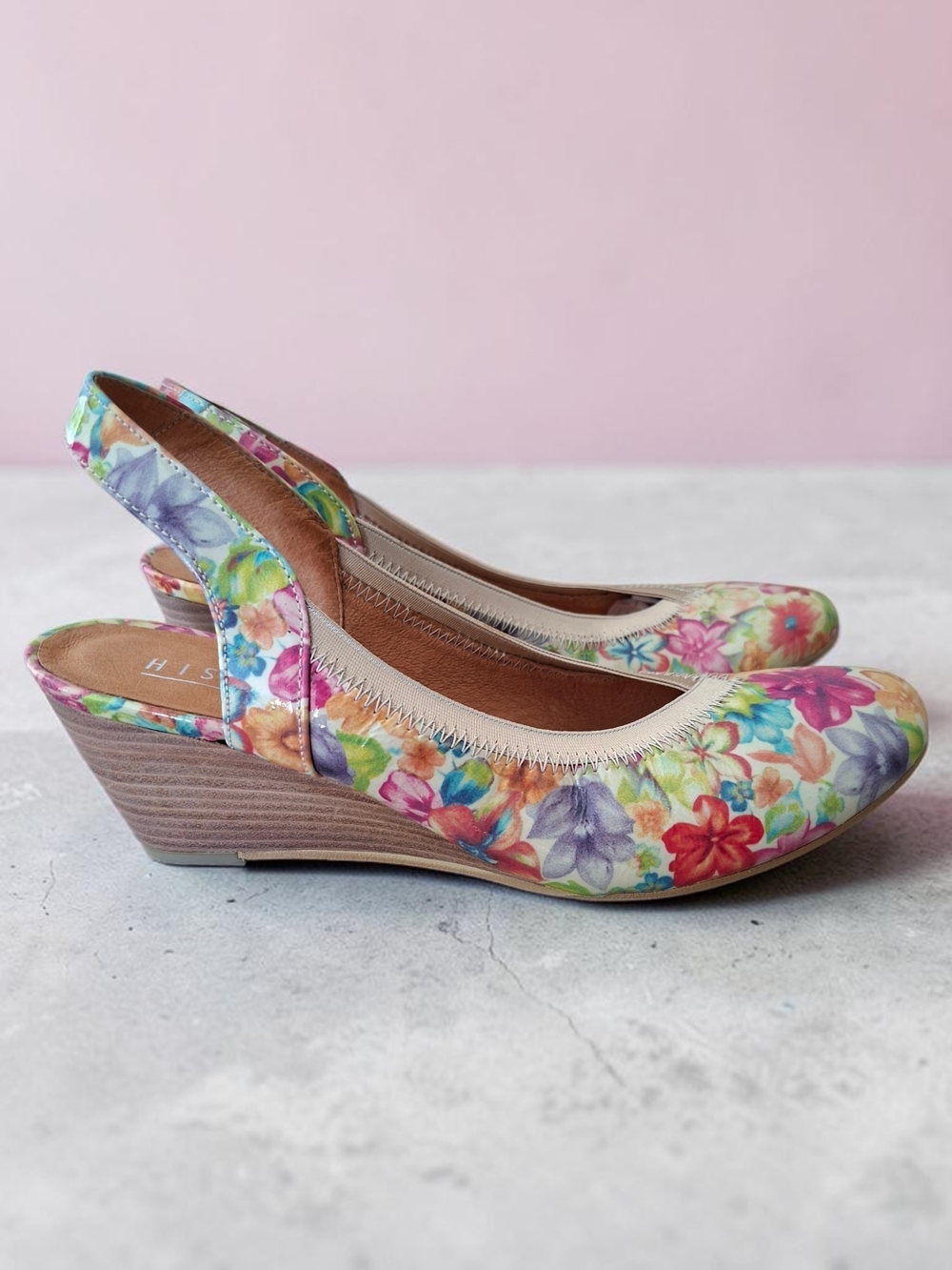 Hispanitas Floral Printed Patent Leather Slingback Wedge Shoes Made In Spain